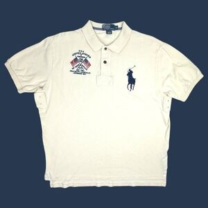 Polo Ralph Lauren Mens XL Big Pony Polo Shirt USA Flags Cream Pique Knit Cotton